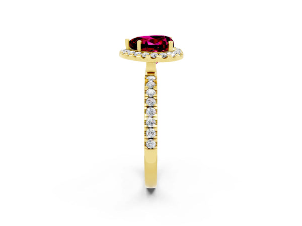 Yellow gold Heart Cut Garnet Classic Halo Engagement Ring with Round Pavé Band and Prong Setting