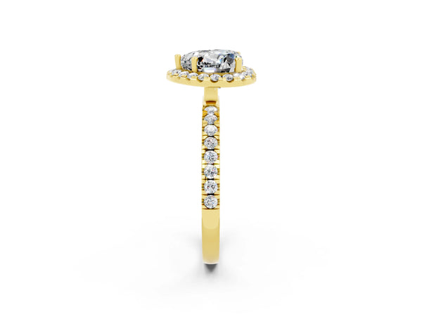 Yellow gold Heart Cut Moissanite Classic Halo Engagement Ring with Round Pavé Band and Prong Setting