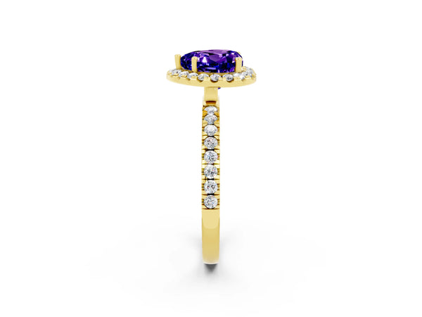 Yellow gold Heart Cut Tanzanite Classic Halo Engagement Ring with Round Pavé Band and Prong Setting