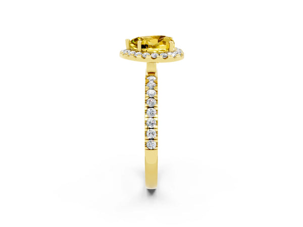 Yellow gold Heart Cut Yellow Sapphire Classic Halo Engagement Ring with Round Pavé Band and Prong Setting