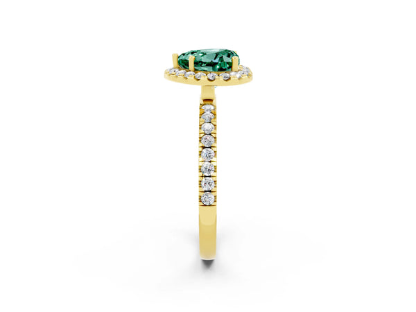 Yellow gold Heart Cut Green Sapphire Classic Halo Engagement Ring with Round Pavé Band and Prong Setting