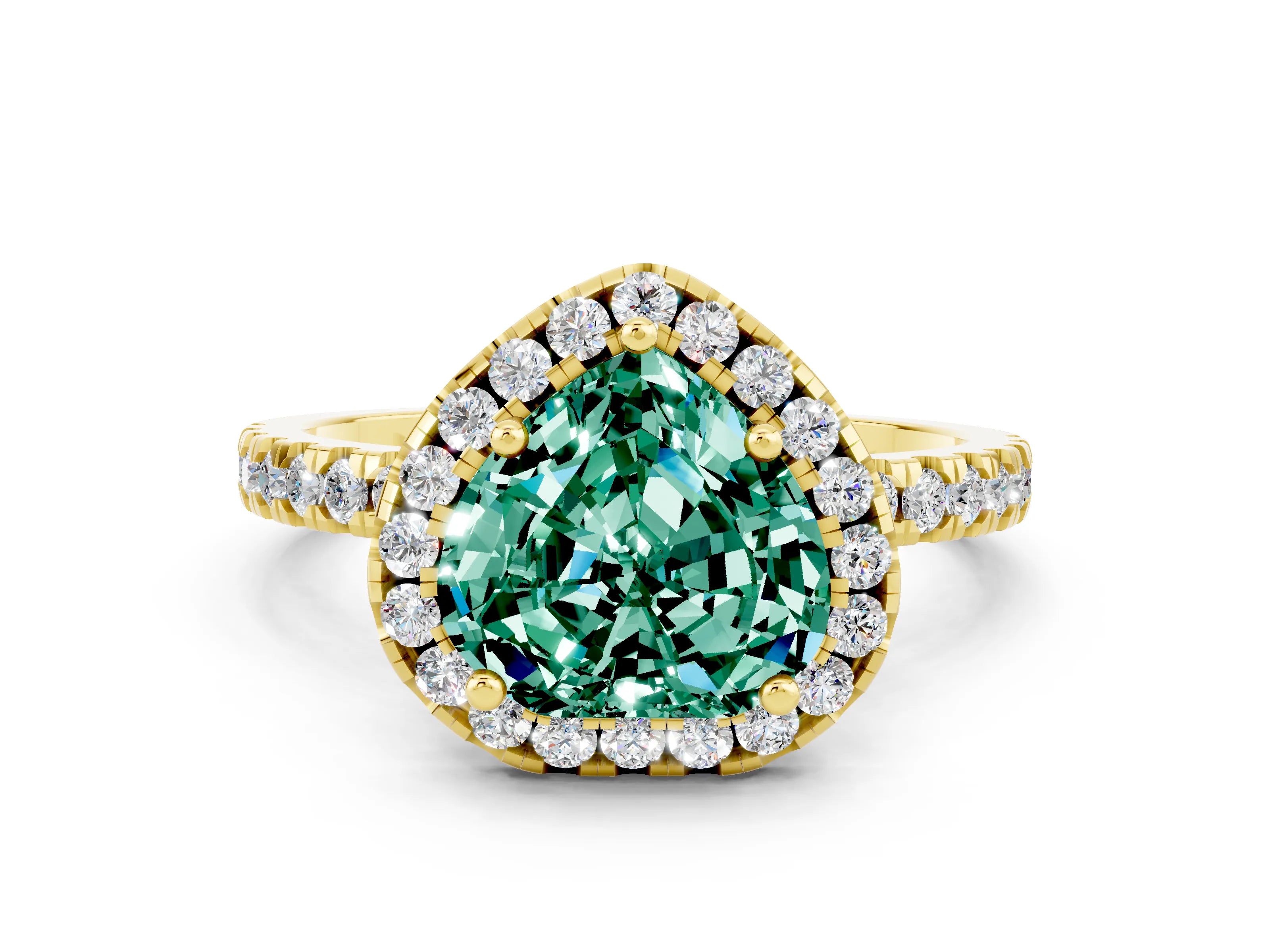 Yellow gold Heart Cut Halo Diamond Pave Band with Prong Setting