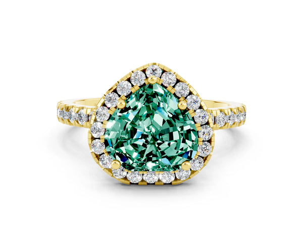 Yellow gold Heart Cut Green Sapphire Classic Halo Engagement Ring with Round Pavé Band and Prong Setting