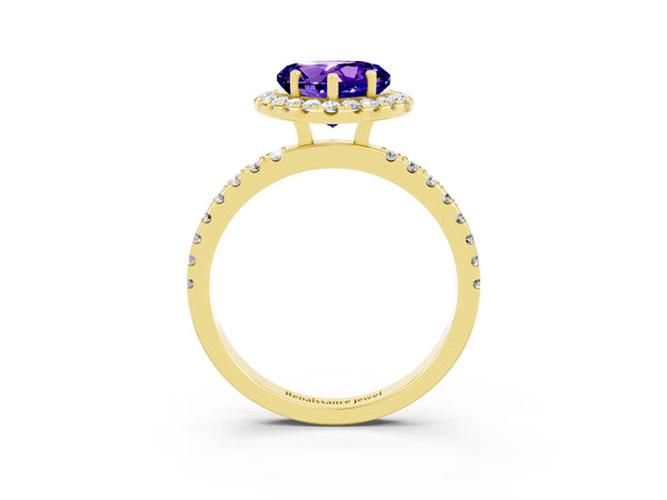 Yellow gold Heart Cut Tanzanite Classic Halo Engagement Ring with Round Pavé Band and Prong Setting