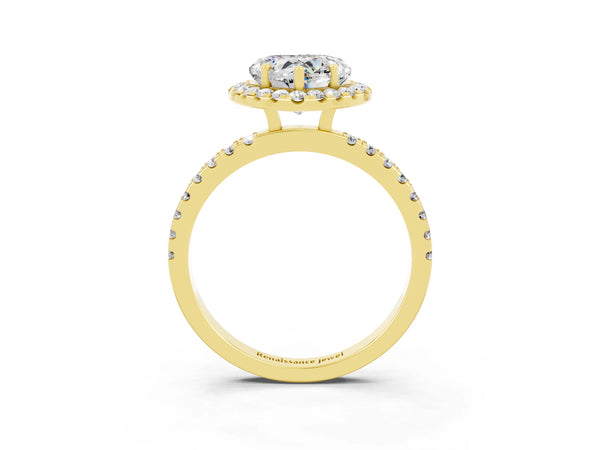Yellow gold Heart Cut Moissanite Classic Halo Engagement Ring with Round Pavé Band and Prong Setting