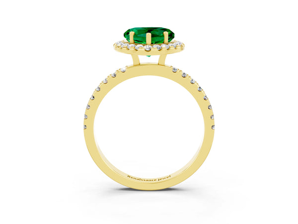 Yellow gold Heart Cut Emerald Classic Halo Engagement Ring with Round Pavé Band and Prong Setting