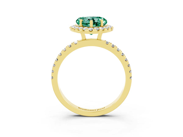 Yellow gold Heart Cut Green Sapphire Classic Halo Engagement Ring with Round Pavé Band and Prong Setting