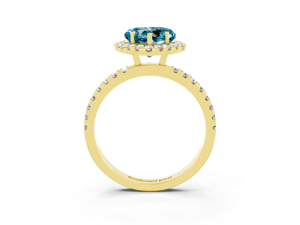 Yellow gold Heart Cut Halo Diamond Pave Band with Prong Setting