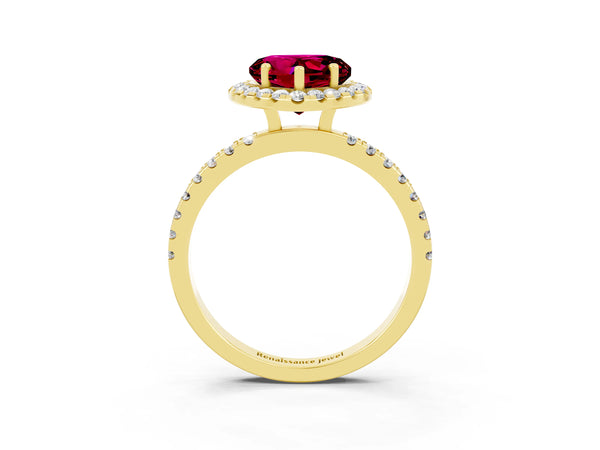Yellow gold Heart Cut Garnet Classic Halo Engagement Ring with Round Pavé Band and Prong Setting