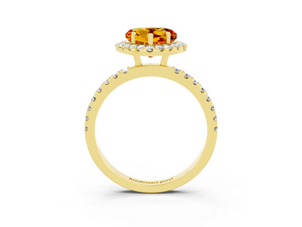 Yellow gold Heart Cut Citrine Classic Halo Engagement Ring with Round Pavé Band and Prong Setting