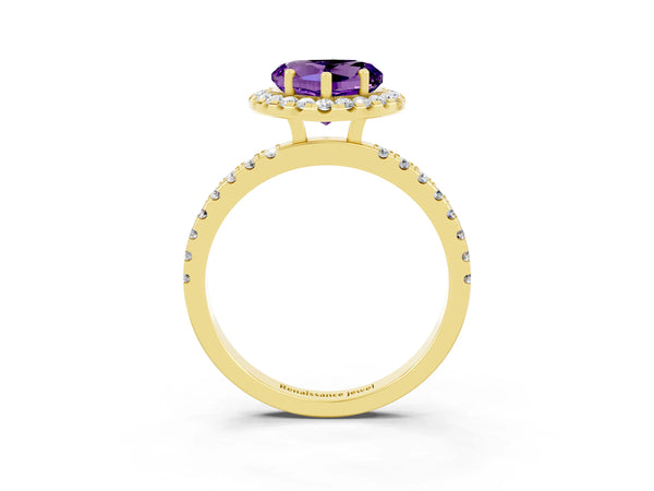 Yellow gold Heart Cut Amethyst Classic Halo Engagement Ring with Round Pavé Band and Prong Setting
