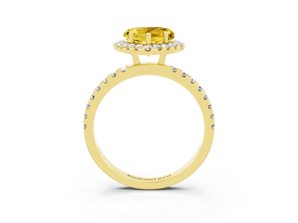 Yellow gold Heart Cut Yellow Sapphire Classic Halo Engagement Ring with Round Pavé Band and Prong Setting
