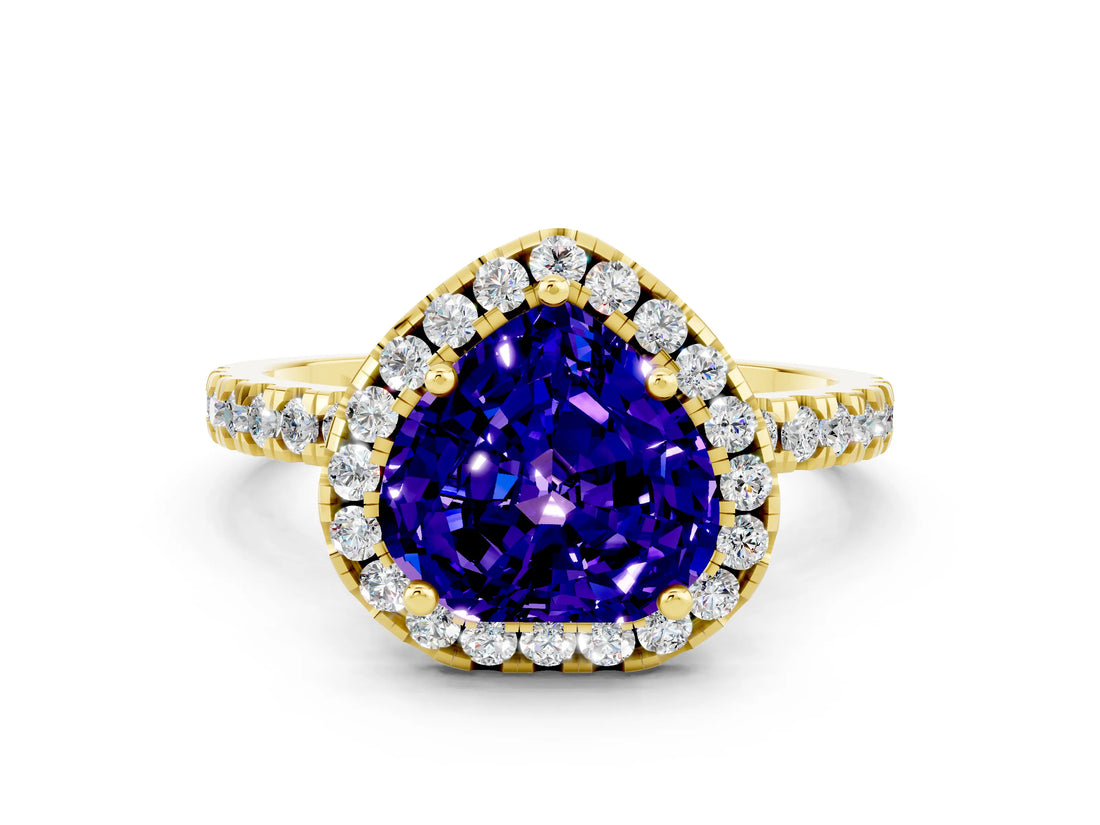 Yellow gold Heart Cut Halo Diamond Pave Band with Prong Setting