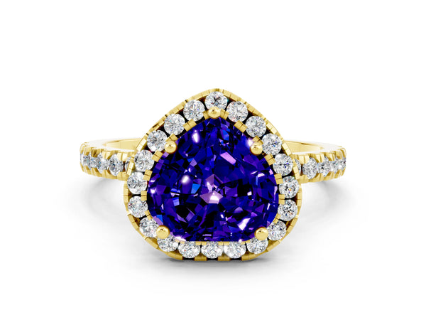 Yellow gold Heart Cut Tanzanite Classic Halo Engagement Ring with Round Pavé Band and Prong Setting