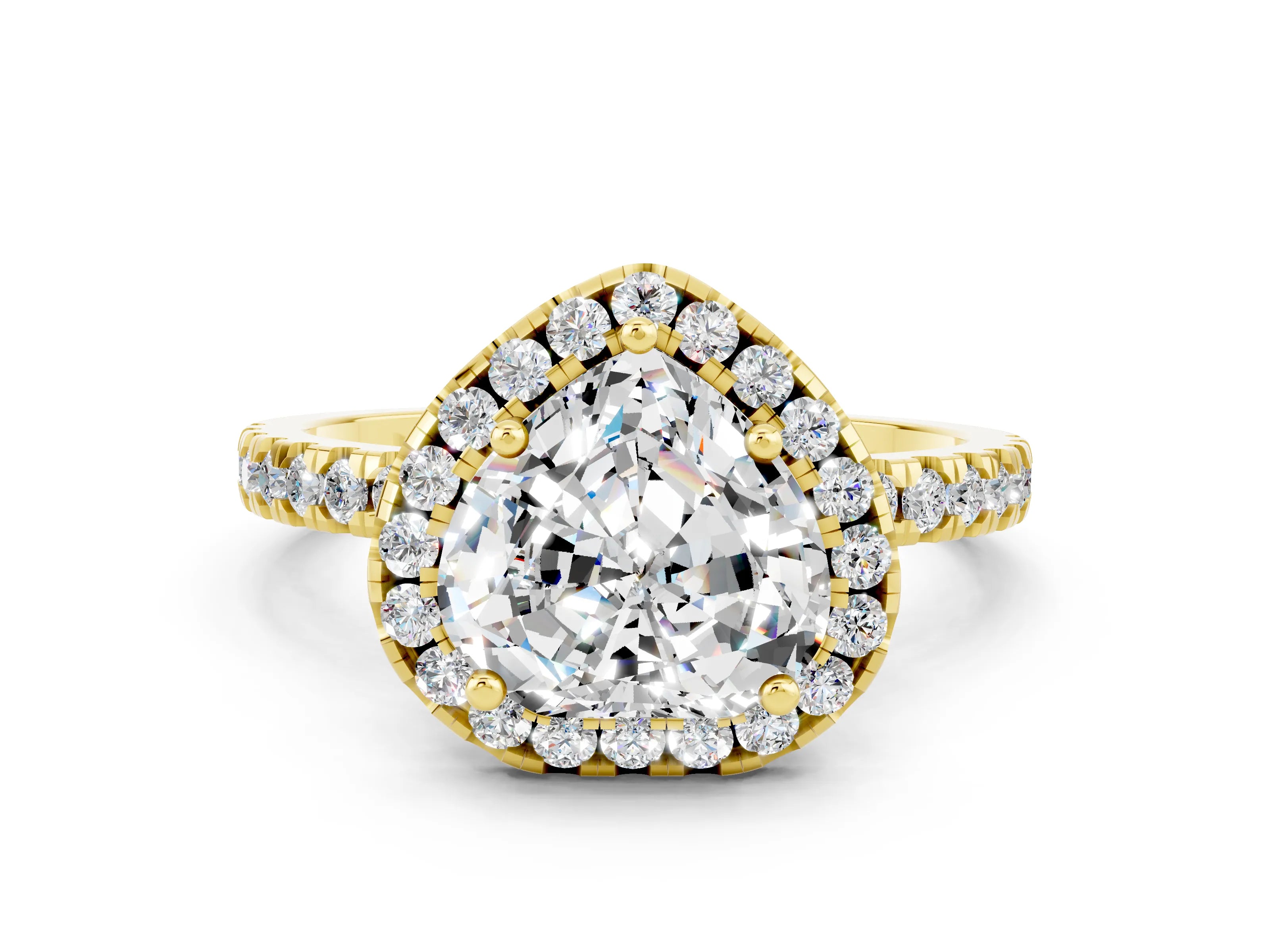 Yellow gold Heart Cut Halo Diamond Pave Band with Prong Setting