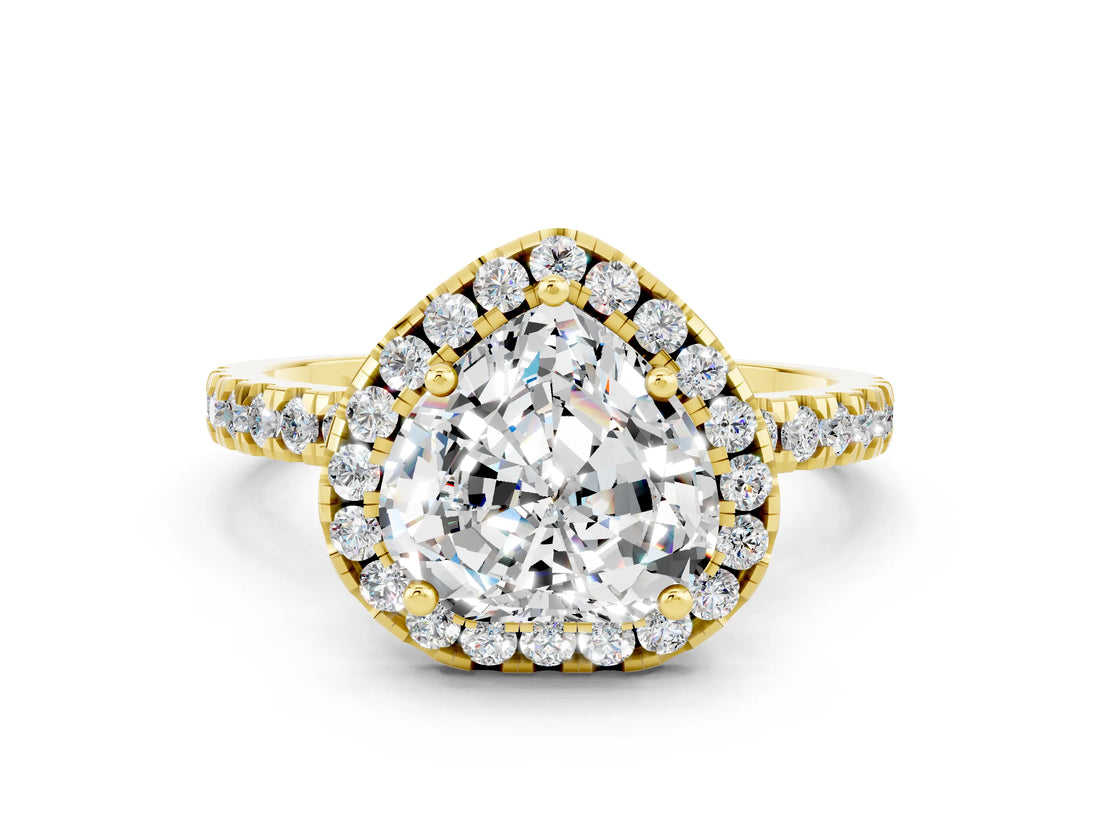 Yellow gold Heart Cut Halo Diamond Pave Band with Prong Setting