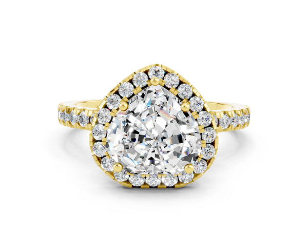 Yellow gold Heart Cut Moissanite Classic Halo Engagement Ring with Round Pavé Band and Prong Setting