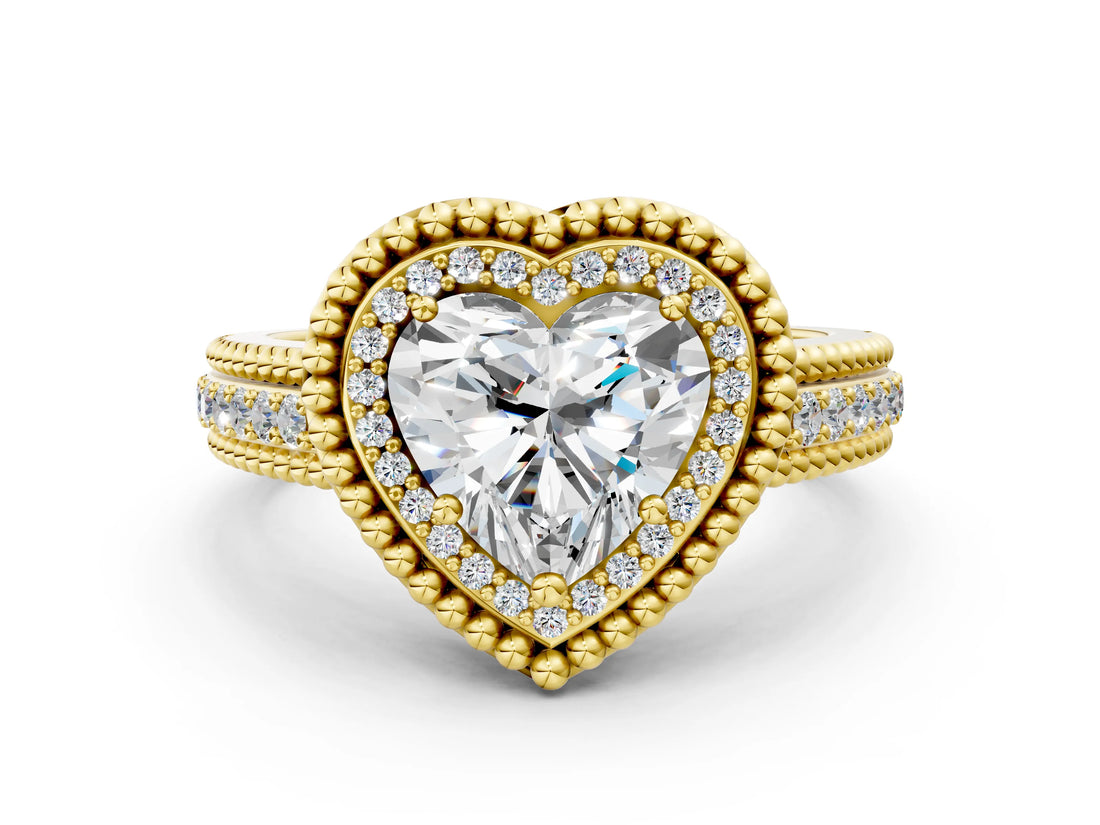 Yellow gold Heart Cut Halo Diamond Ring with Beaded Split Shank and Four-Prong Setting_9