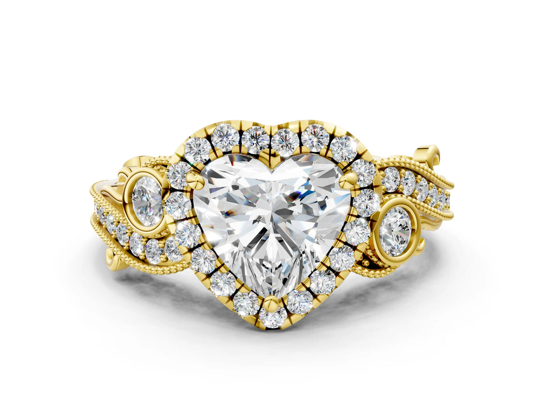 Yellow gold Heart Cut Halo Diamond Ring with Milgrain and Bezel Accents on a Split Shank Band_15