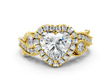Yellow gold Heart Cut Halo Diamond Ring with Milgrain and Bezel Accents on a Split Shank Band_15