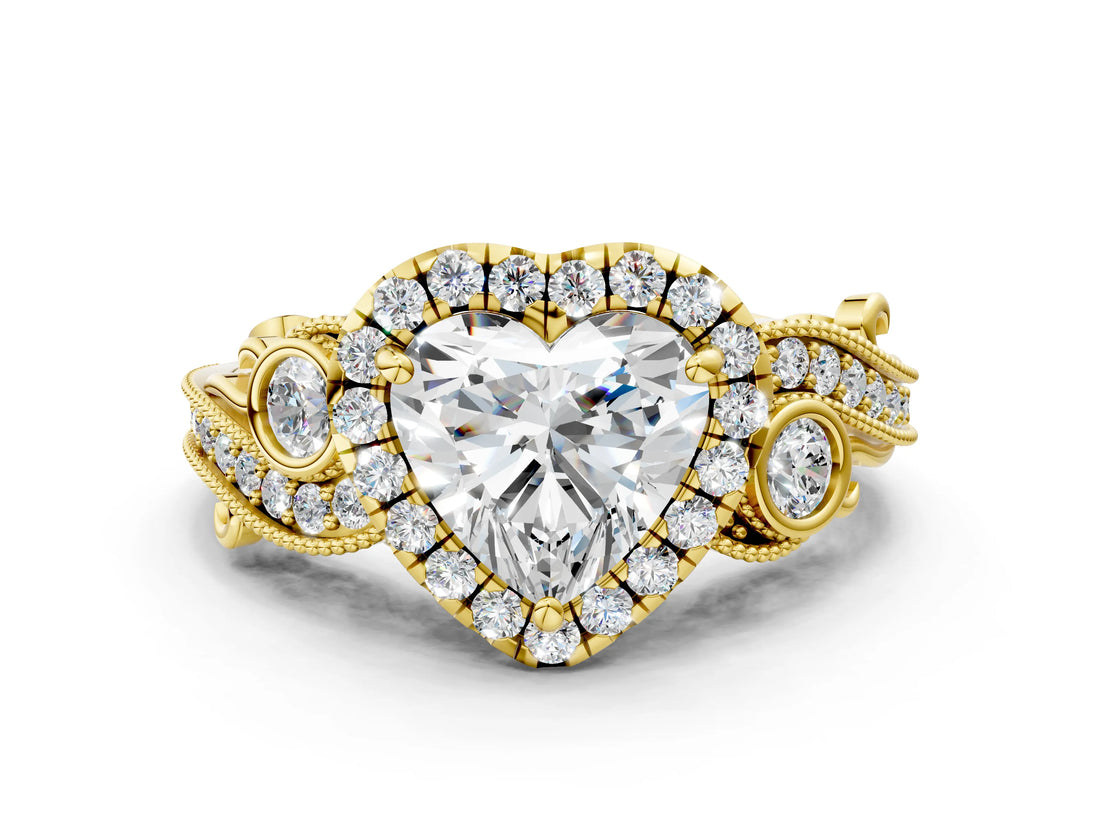 Yellow gold Heart Cut Halo Diamond Ring with Milgrain and Bezel Accents on a Split Shank Band_16