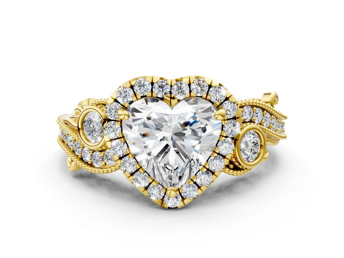 Yellow gold Heart Cut Halo Diamond Ring with Milgrain and Bezel Accents on a Split Shank Band_27