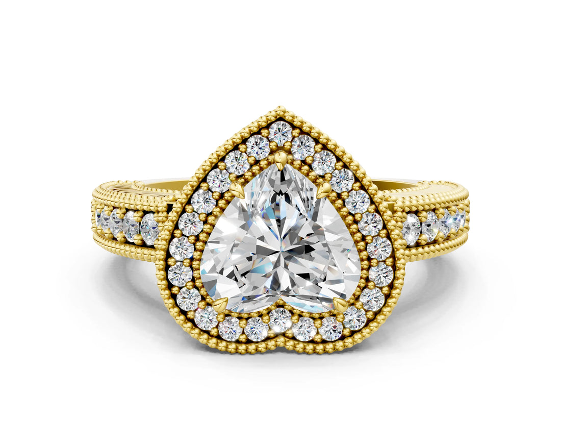 Yellow gold Heart Cut Halo Diamond Ring with Pavé Band and Four-Prong Setting_64