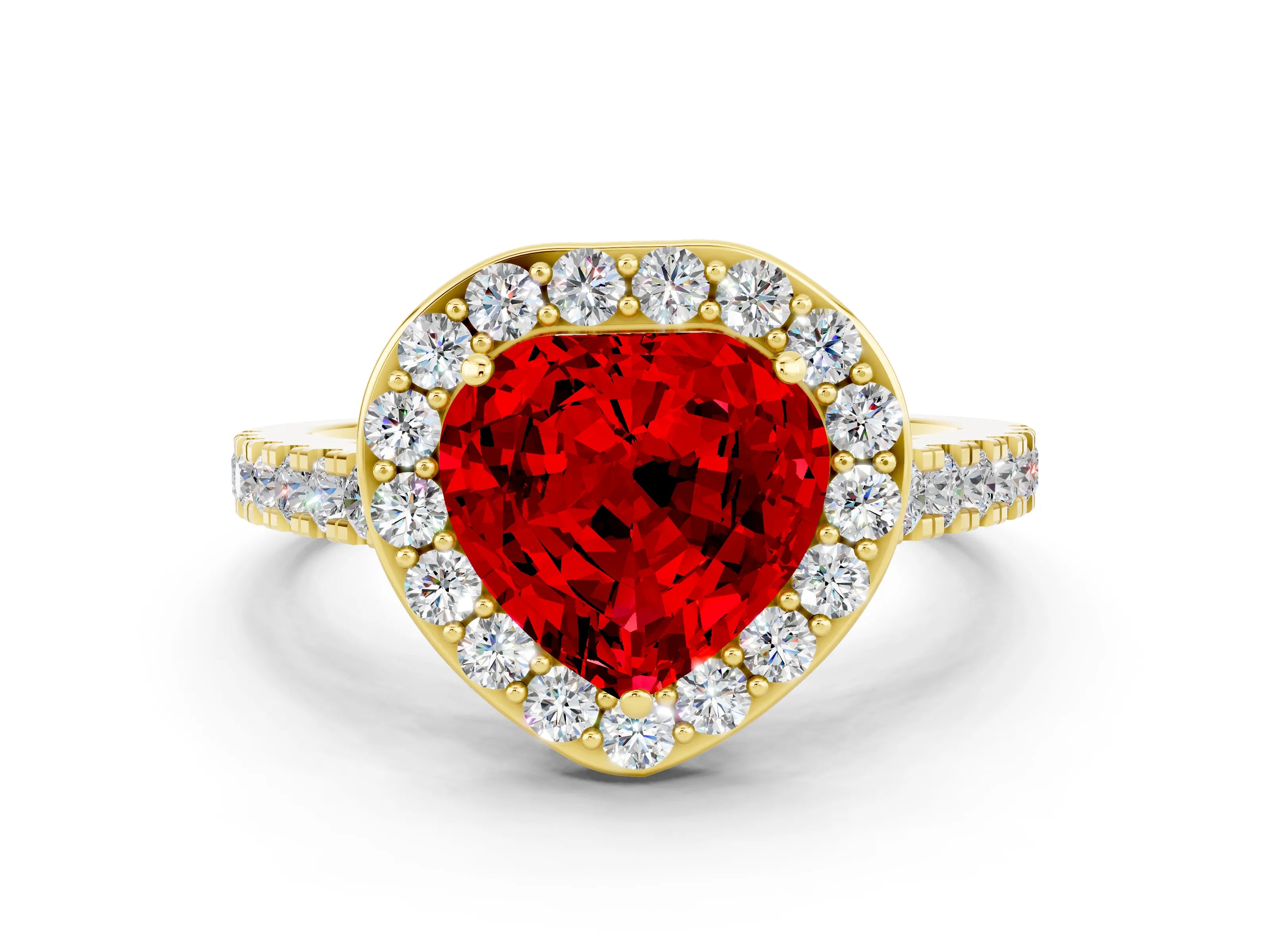 Yellow gold Heart Cut Halo Diamond Ring with Pavé Band and Three-Prong Setting