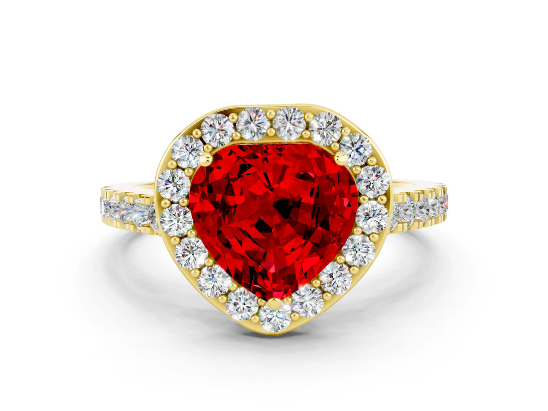 Yellow gold Heart Cut Halo Diamond Ring with Pavé Band and Three-Prong Setting