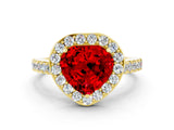 Yellow gold Heart Cut Halo Diamond Ring with Pavé Band and Three-Prong Setting