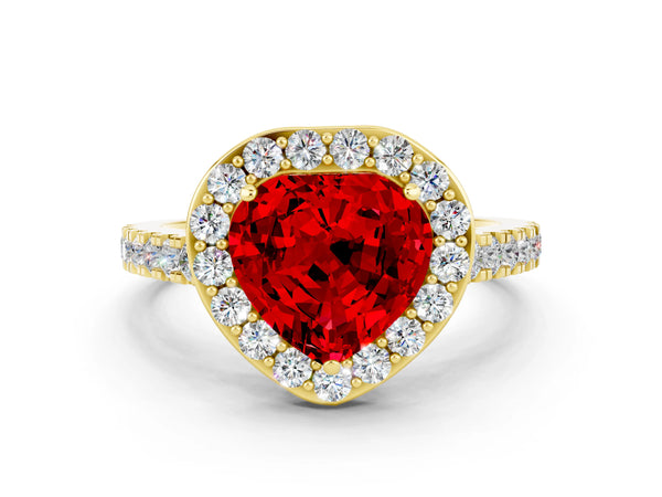 Yellow gold Heart Cut Ruby Halo Ring with Round Pavé Split Shank and Prong Setting
