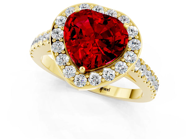 Yellow gold Heart Cut Ruby Halo Ring with Round Pavé Split Shank and Prong Setting
