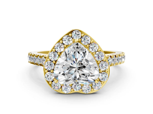 Yellow gold Heart Cut Halo Diamond Ring with Pavé Band and Three-Prong Setting