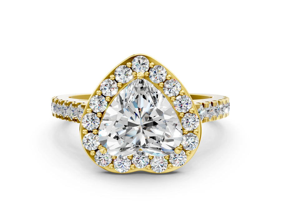 Yellow gold Heart Cut Halo Diamond Ring with Pavé Band and Three-Prong Setting