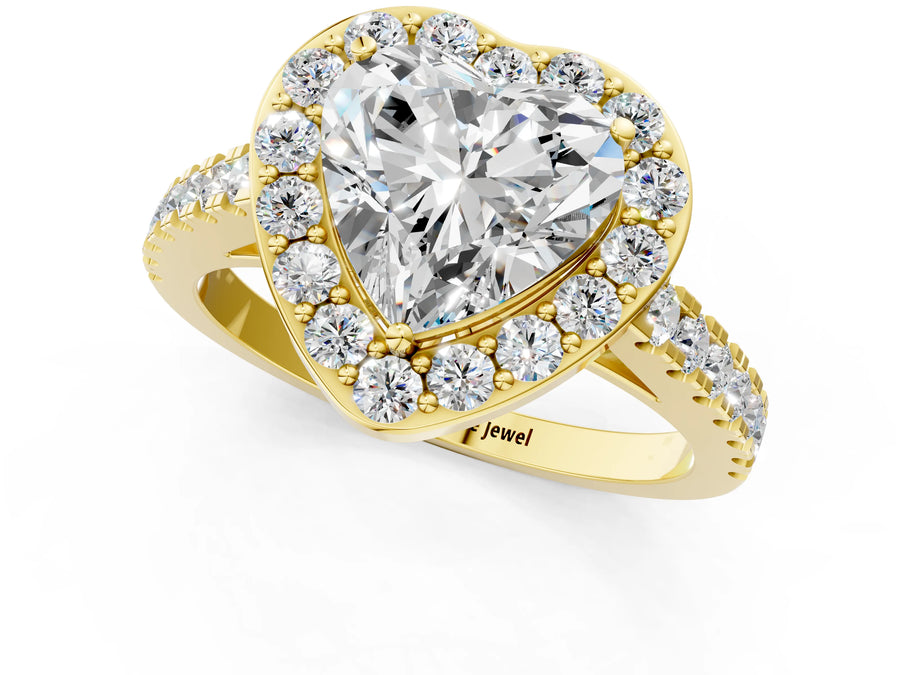 Yellow gold Heart Cut Halo Diamond Ring with Pavé Band and Three-Prong Setting