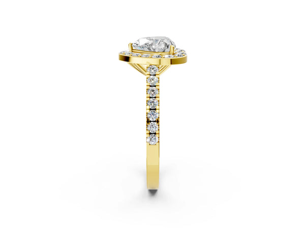 Yellow gold Heart Cut Halo Diamond Ring with Pavé Band and Three-Prong Setting