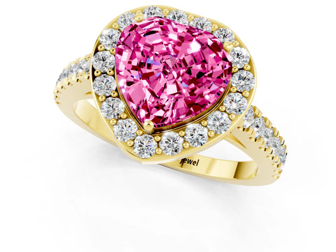 Yellow gold Heart Cut Halo Diamond Ring with Pavé Band and Three-Prong Setting_1