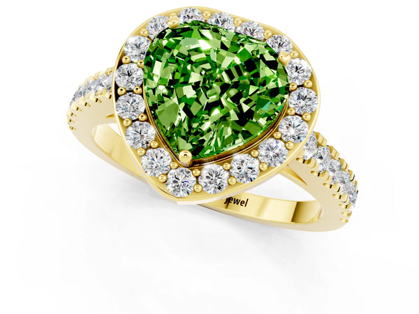 Yellow gold Heart Cut Halo Diamond Ring with Pavé Band and Three-Prong Setting