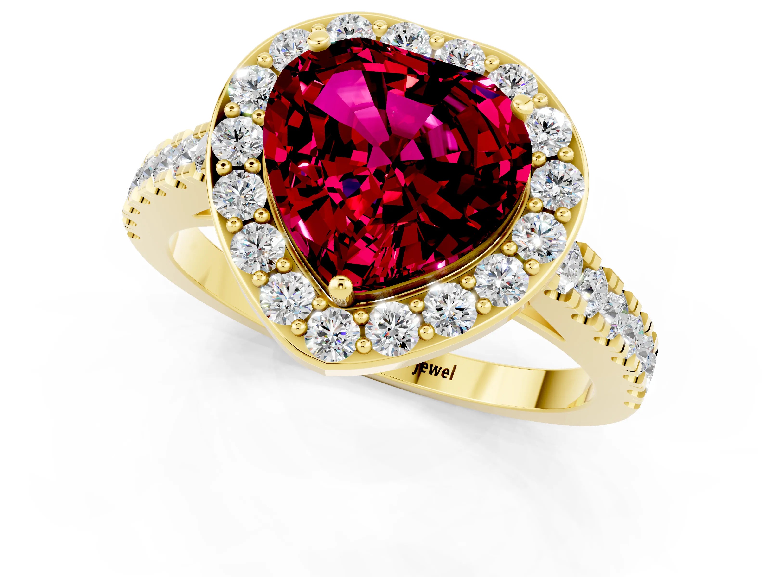Yellow gold Heart Cut Halo Diamond Ring with Pavé Band and Three-Prong Setting_1