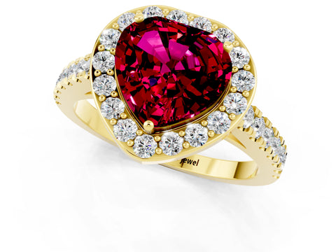 Yellow gold Heart Cut Halo Diamond Ring with Pavé Band and Three-Prong Setting_1