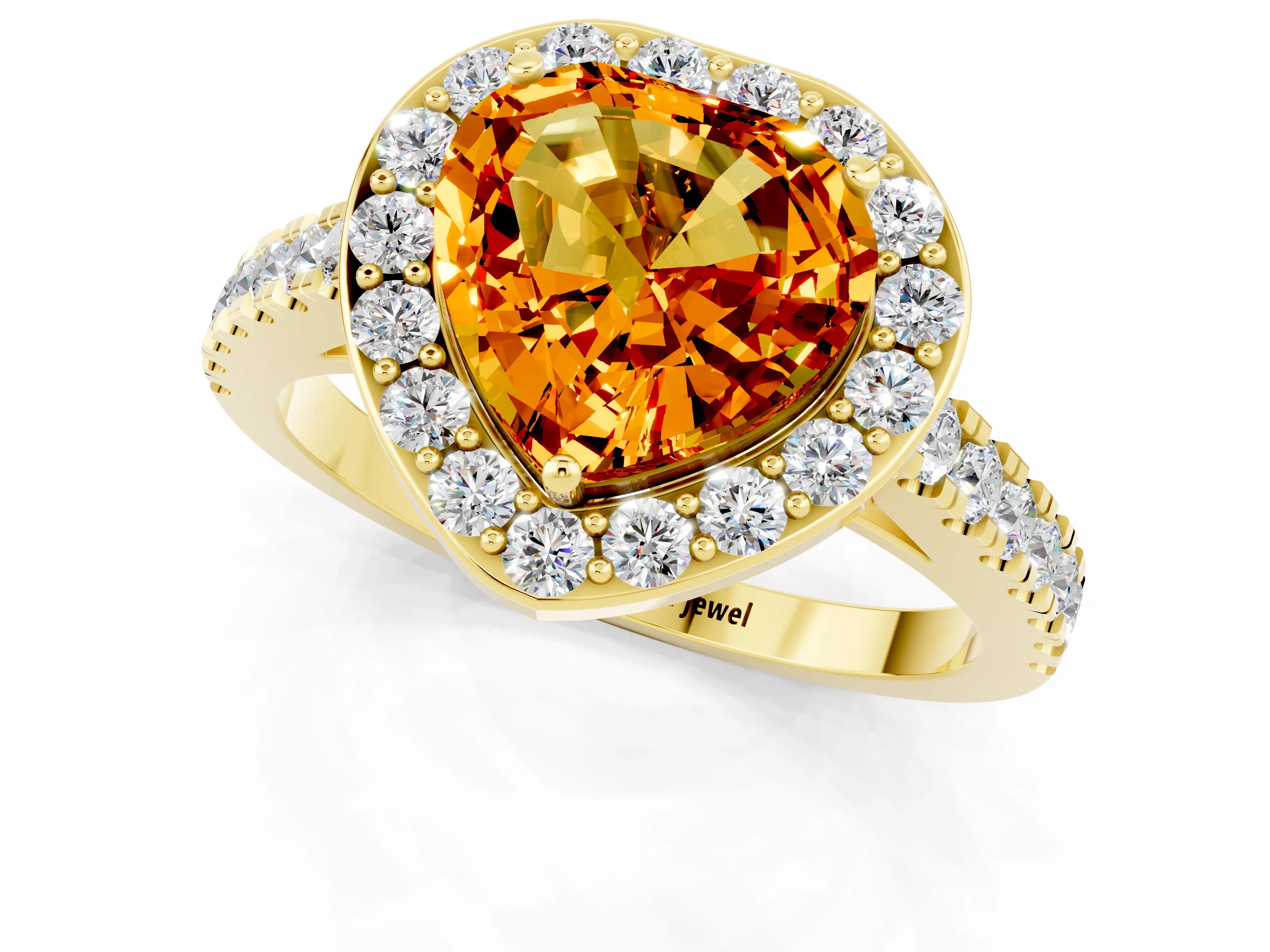 Yellow gold Heart Cut Halo Diamond Ring with Pavé Band and Three-Prong Setting_1