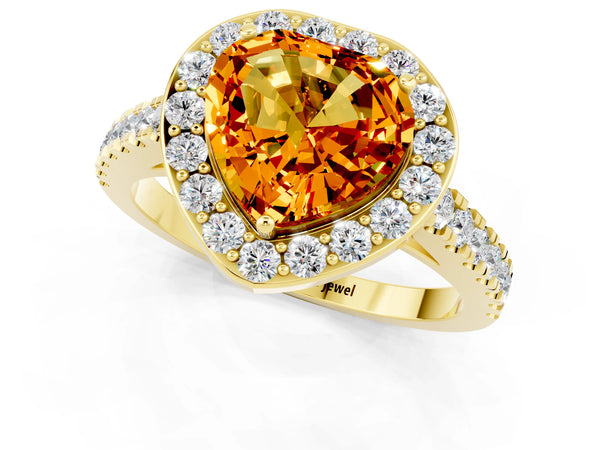 Yellow gold Heart Cut Citrine Halo Ring with Round Pavé Split Shank and Prong Setting