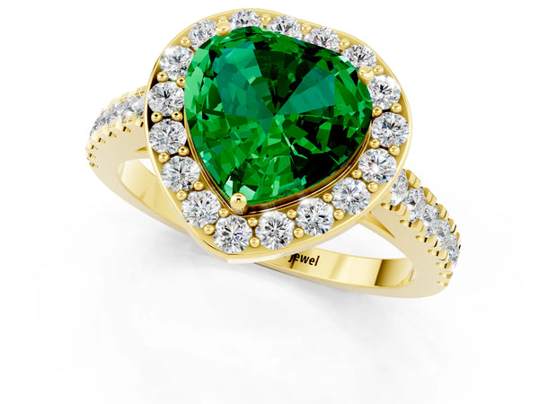 Yellow gold Heart Cut Emerald Halo Ring with Round Pavé Split Shank and Prong Setting