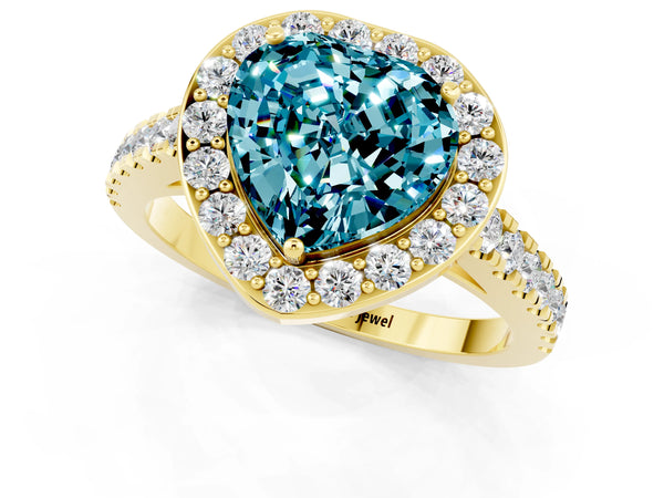 Yellow gold Heart Cut Halo Diamond Ring with Pavé Band and Three-Prong Setting