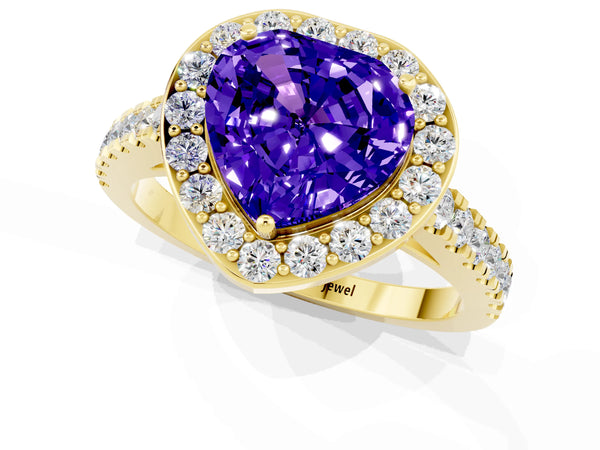 Yellow gold Heart Cut Tanzanite Halo Ring with Round Pavé Split Shank and Prong Setting