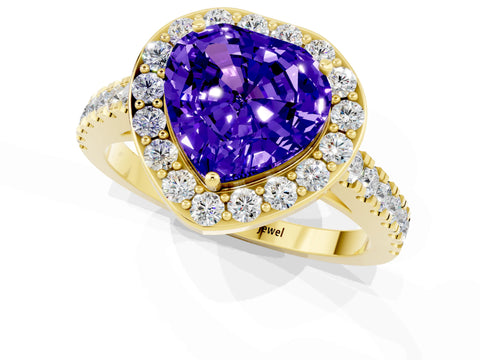 Yellow gold Heart Cut Halo Diamond Ring with Pavé Band and Three-Prong Setting_1