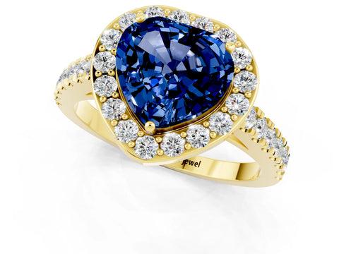 Yellow gold Heart Cut Halo Diamond Ring with Pavé Band and Three-Prong Setting_1