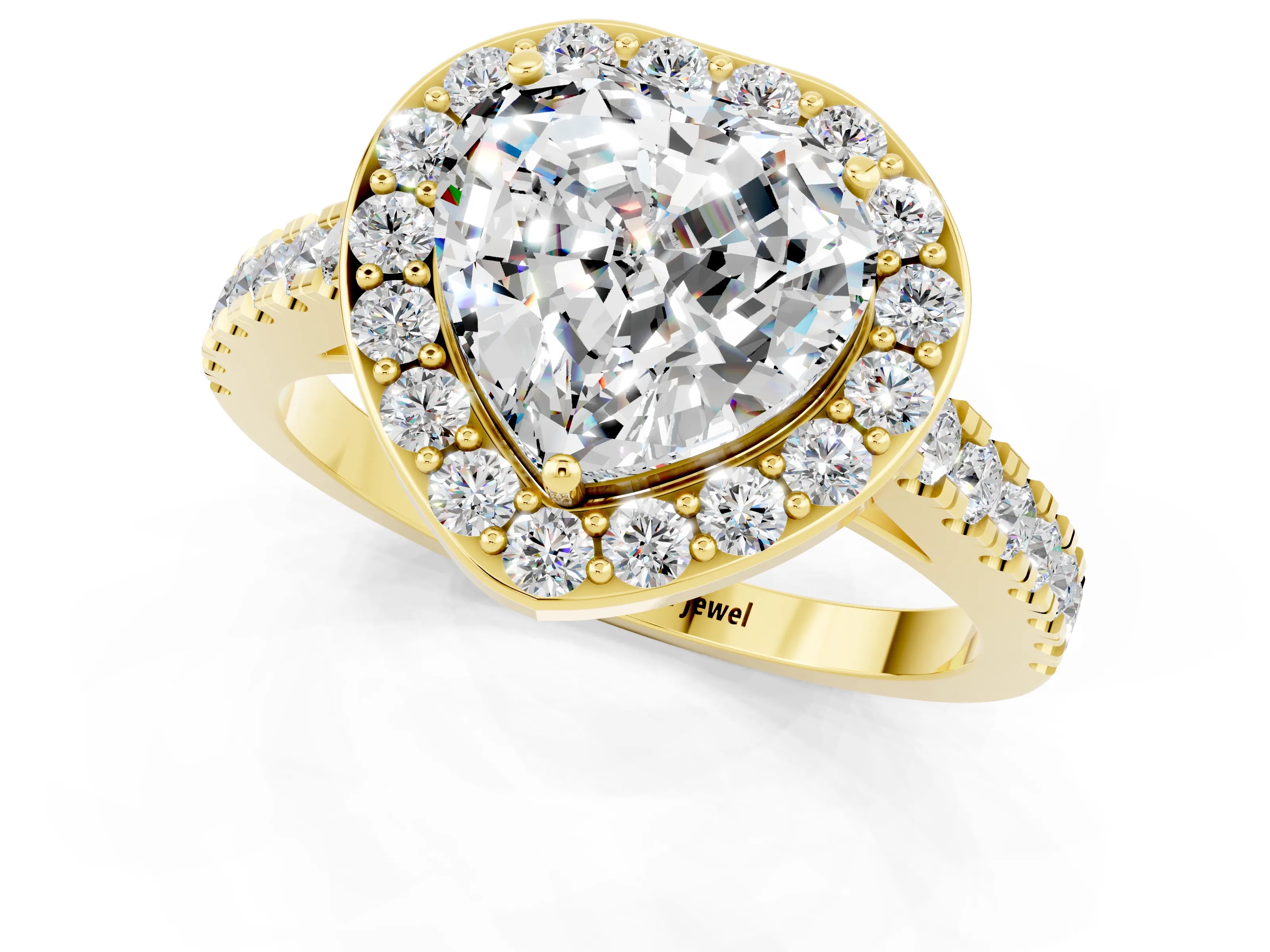 Yellow gold Heart Cut Halo Diamond Ring with Pavé Band and Three-Prong Setting_1