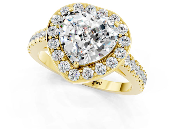 Yellow gold Heart Cut Moissanite Halo Ring with Round Pavé Split Shank and Prong Setting