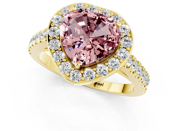 Yellow gold Heart Cut Halo Diamond Ring with Pavé Band and Three-Prong Setting